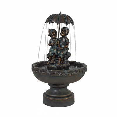 Petrichor 40"H Bronze Children under Umbrella Indoor/Outdoor Large Fountain | Boy and Girl Rustic Indoor Outdoor Cottage Decor Floor Standing Waterfall Basin Water Feature for outside Garden