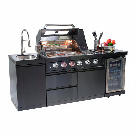 Outdoor Kitchen Island Gas Grill System 4 Burner BBQ Island with Rotisserie Kit, Integrated Sink, Wine Cooler & Granite Countertop