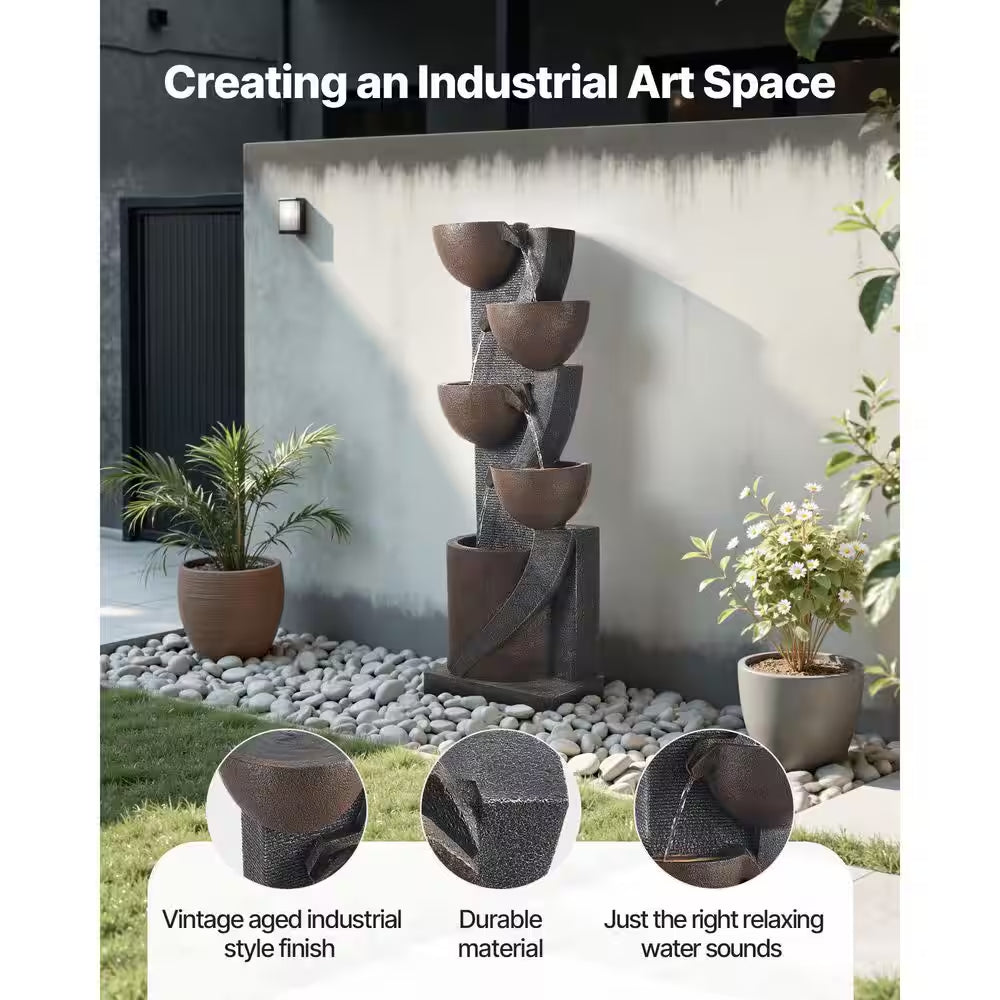 Outdoor Water Fountain, 49.61 In. Height Electric Resin Waterfall, 5-Tier Fountain with LED Light and Pump for Garden