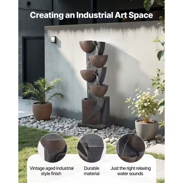 Outdoor Water Fountain, 49.61 In. Height Electric Resin Waterfall, 5-Tier Fountain with LED Light and Pump for Garden