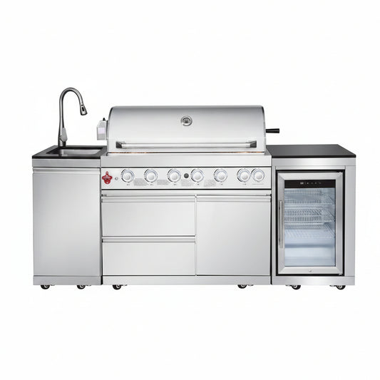 Outdoor Kitchen Island with Built in Grill, 6 Burner 83500 BTU Stainless Steel Gas Barbecue Island, Patio Cooking Station with Sink & Wine Cooler, Built in Grill Island for Backyard (Silver)