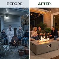 Hampton Fire Table Outdoor Fire Pit 56" X 32" Cast Concrete Firepit Includes Lava Rocks 45,000 Btus Outdoor Fireplace for Patio Furniture Set, Deck, Porch, Outdoor Heater - Liquid Propane — Before & After