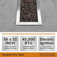 Hampton Fire Table Outdoor Fire Pit 56" X 32" Cast Concrete Firepit Includes Lava Rocks 45,000 Btus Outdoor Fireplace for Patio Furniture Set, Deck, Porch, Outdoor Heater - Liquid Propane — Results & Stats