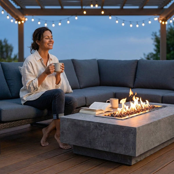 Rectangular Fire Pit Table Built for Outdoor Entertaining, 56" Cast Concrete, 45,000 BTU, Electric Ignition