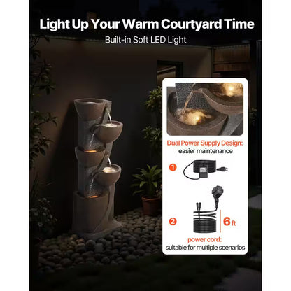Outdoor Water Fountain, 49.61 In. Height Electric Resin Waterfall, 5-Tier Fountain with LED Light and Pump for Garden