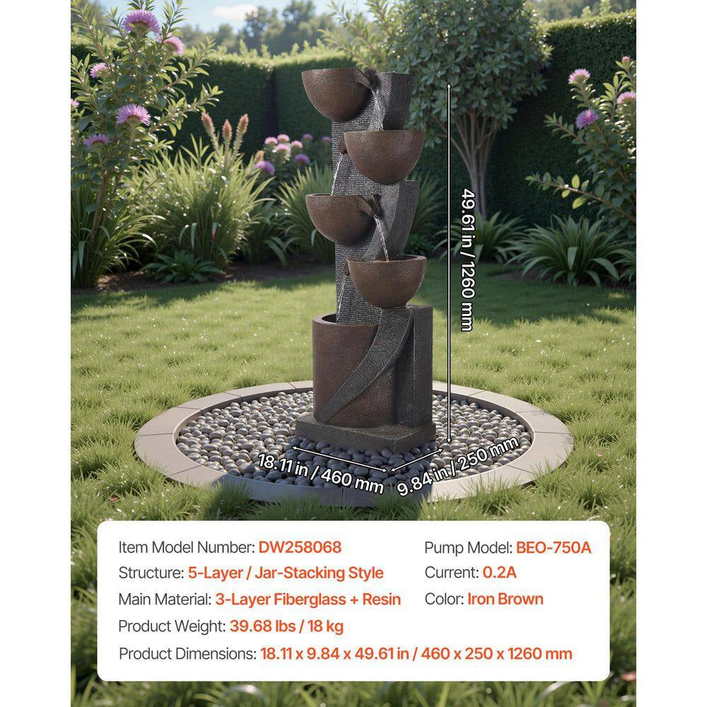 Outdoor Water Fountain, 49.61 In. Height Electric Resin Waterfall, 5-Tier Fountain with LED Light and Pump for Garden