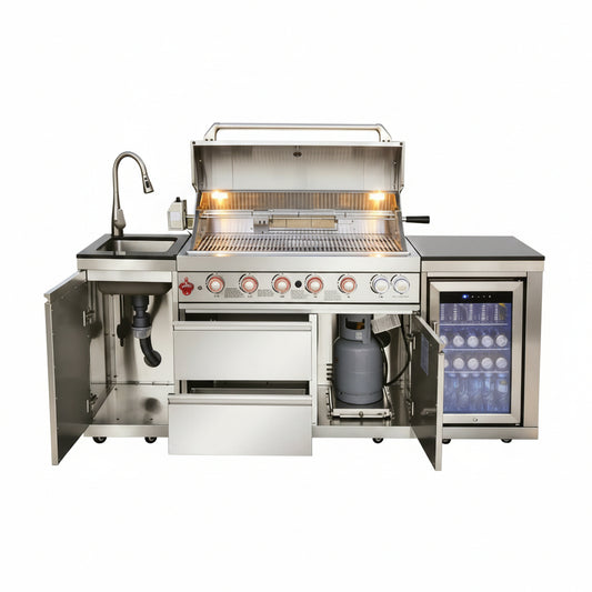 82-Inch 6-Burner Gas Grill 85,000 BTU Outdoor Kitchen Barbecue | Stainless Steel Grill Island with Sink, Storage Cabinets, and Wine Refrigerator,Backyard, Patio, Lawn, Silver