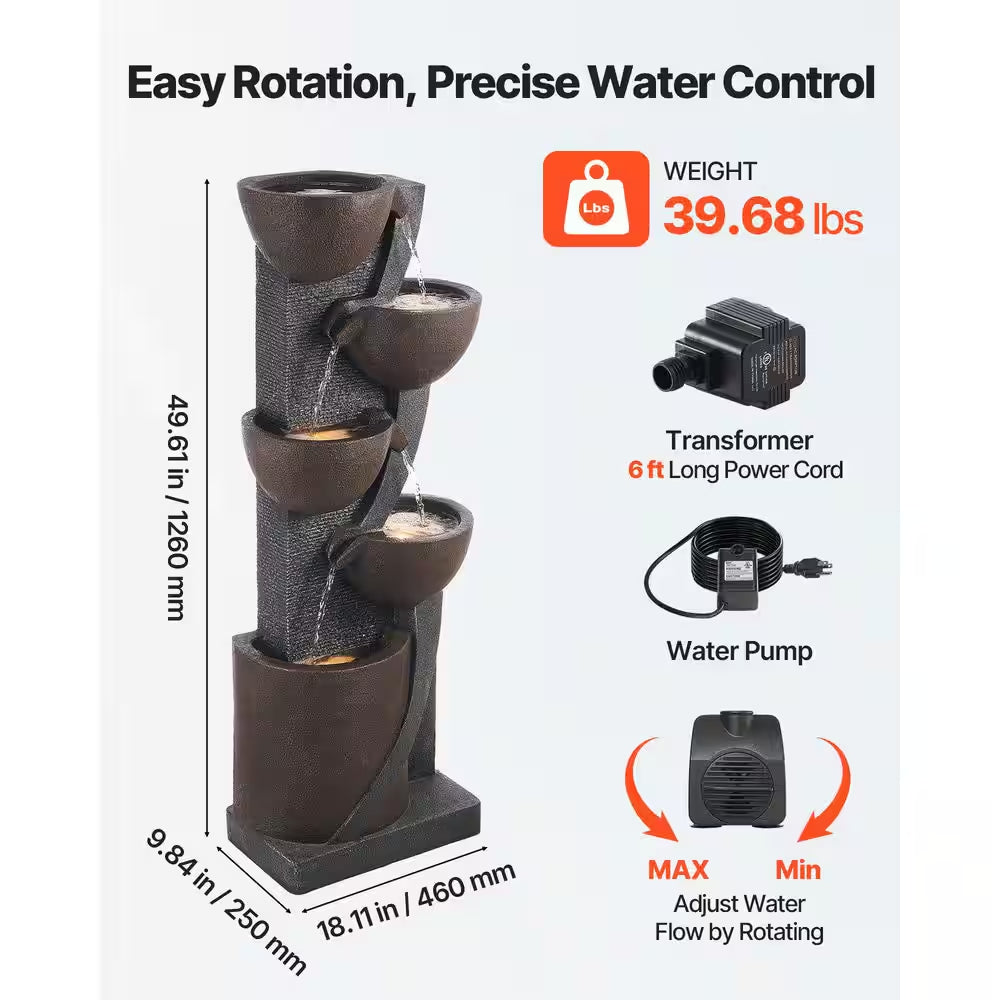 Outdoor Water Fountain, 49.61 In. Height Electric Resin Waterfall, 5-Tier Fountain with LED Light and Pump for Garden