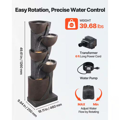 Outdoor Water Fountain, 49.61 In. Height Electric Resin Waterfall, 5-Tier Fountain with LED Light and Pump for Garden