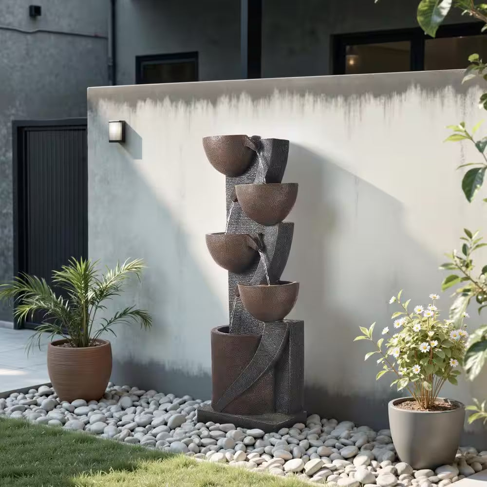 Outdoor Water Fountain, 49.61 In. Height Electric Resin Waterfall, 5-Tier Fountain with LED Light and Pump for Garden