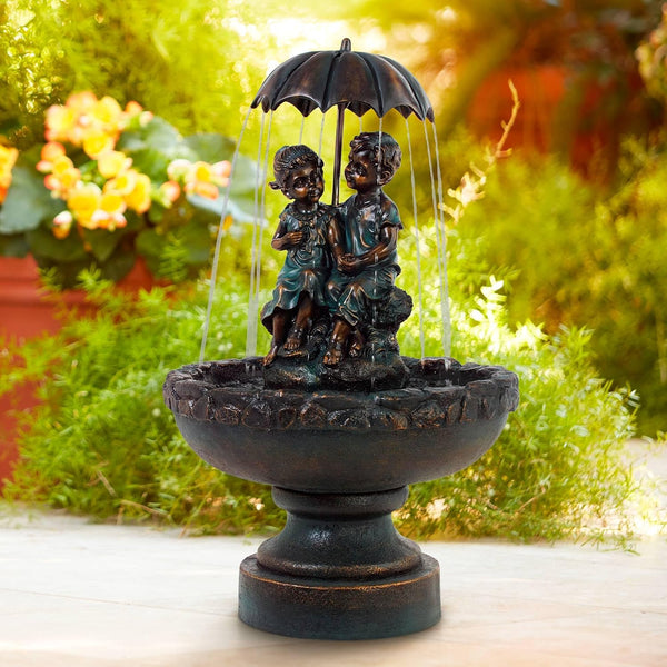 Petrichor 40"H Bronze Children under Umbrella Indoor/Outdoor Large Fountain | Boy and Girl Rustic Indoor Outdoor Cottage Decor Floor Standing Waterfall Basin Water Feature for outside Garden